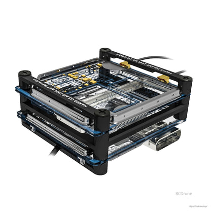 Flywoo Naked O3 upgrade case with stacked aluminum plates, corner standoffs, and connected cable