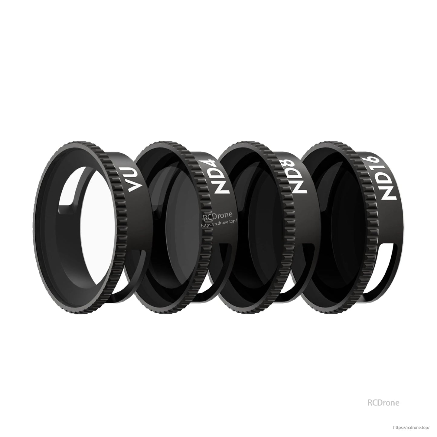 Flywoo Naked O3 Upgrade Case, Flywoo Naked O3 ND filter set with black lens rings labeled UV, ND4, ND8 and ND16