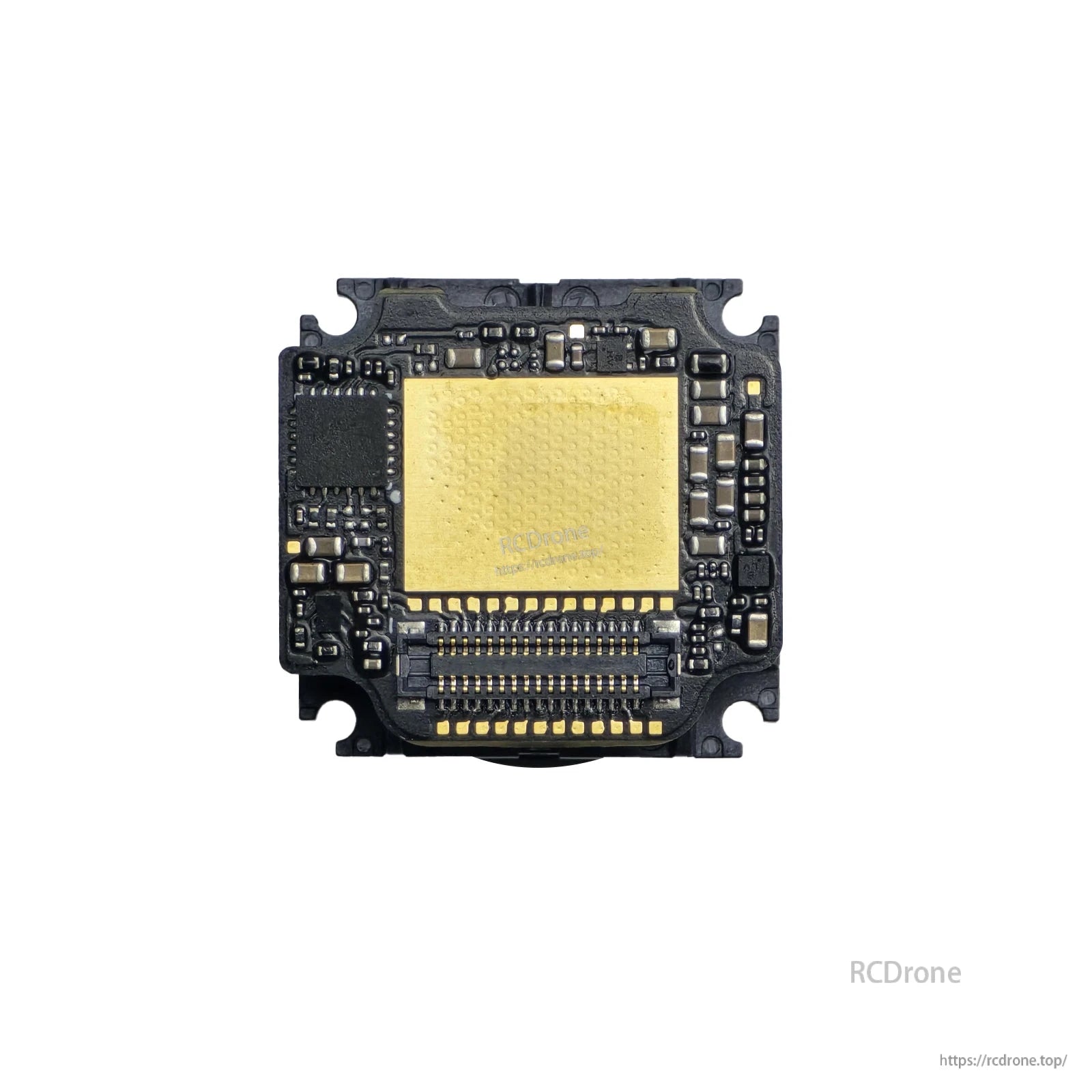 Flywoo Naked O4 Pro Camera Lens, Close-up of a compact camera PCB module with gold shielding pad and multi-pin board connector
