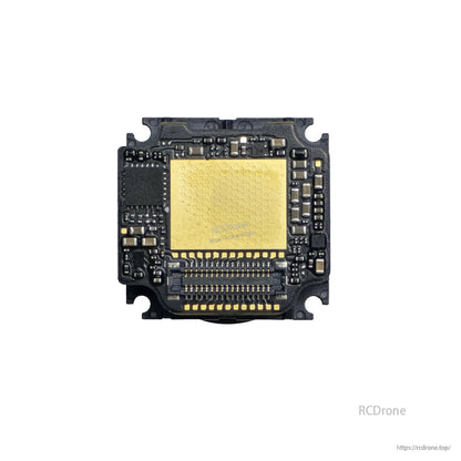 Flywoo Naked O4 Pro Camera Lens, Close-up of a compact camera PCB module with gold shielding pad and multi-pin board connector