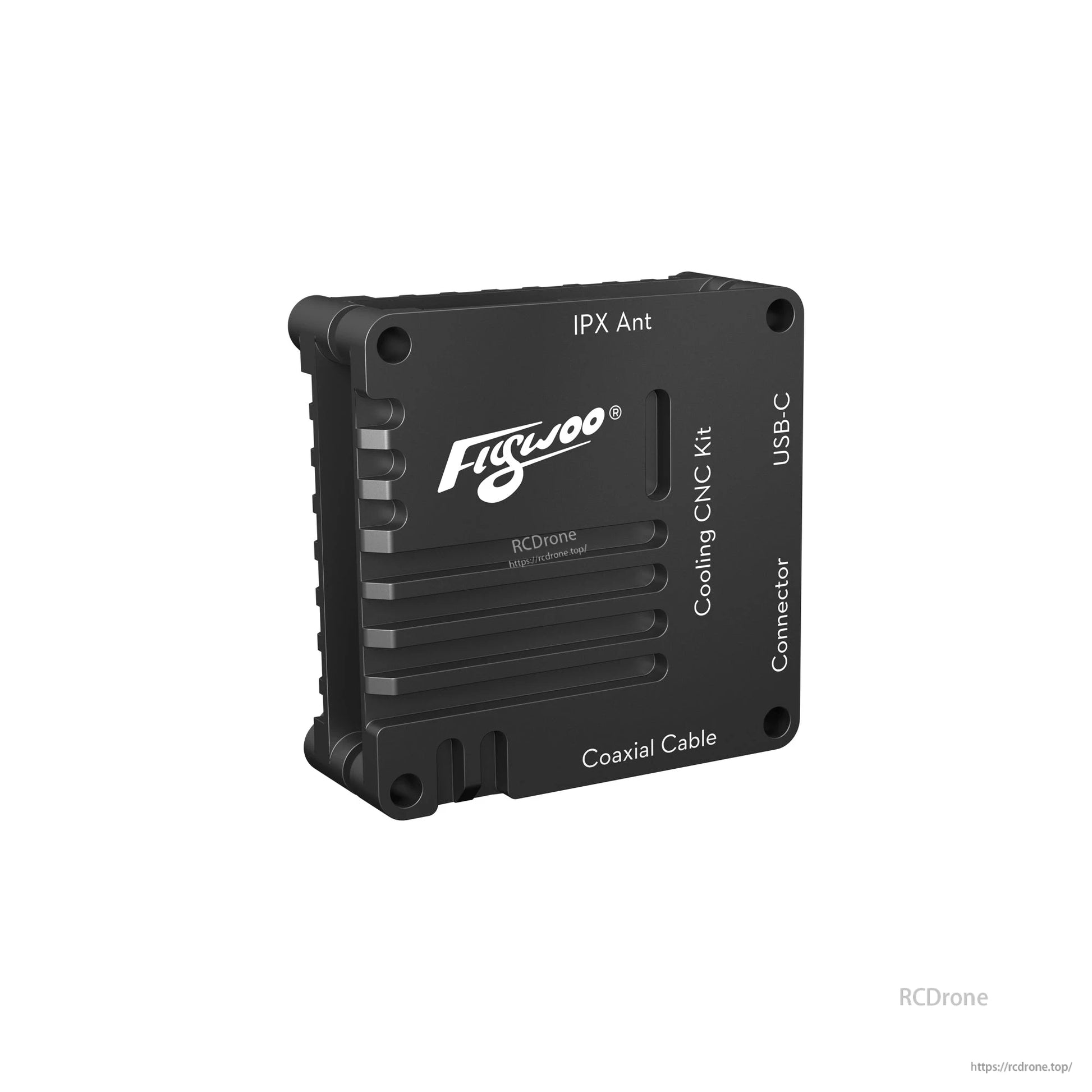 Flywoo O4 Air Unit Cooling CNC kit housing with labeled IPX antenna, USB‑C, connector and coaxial cable ports