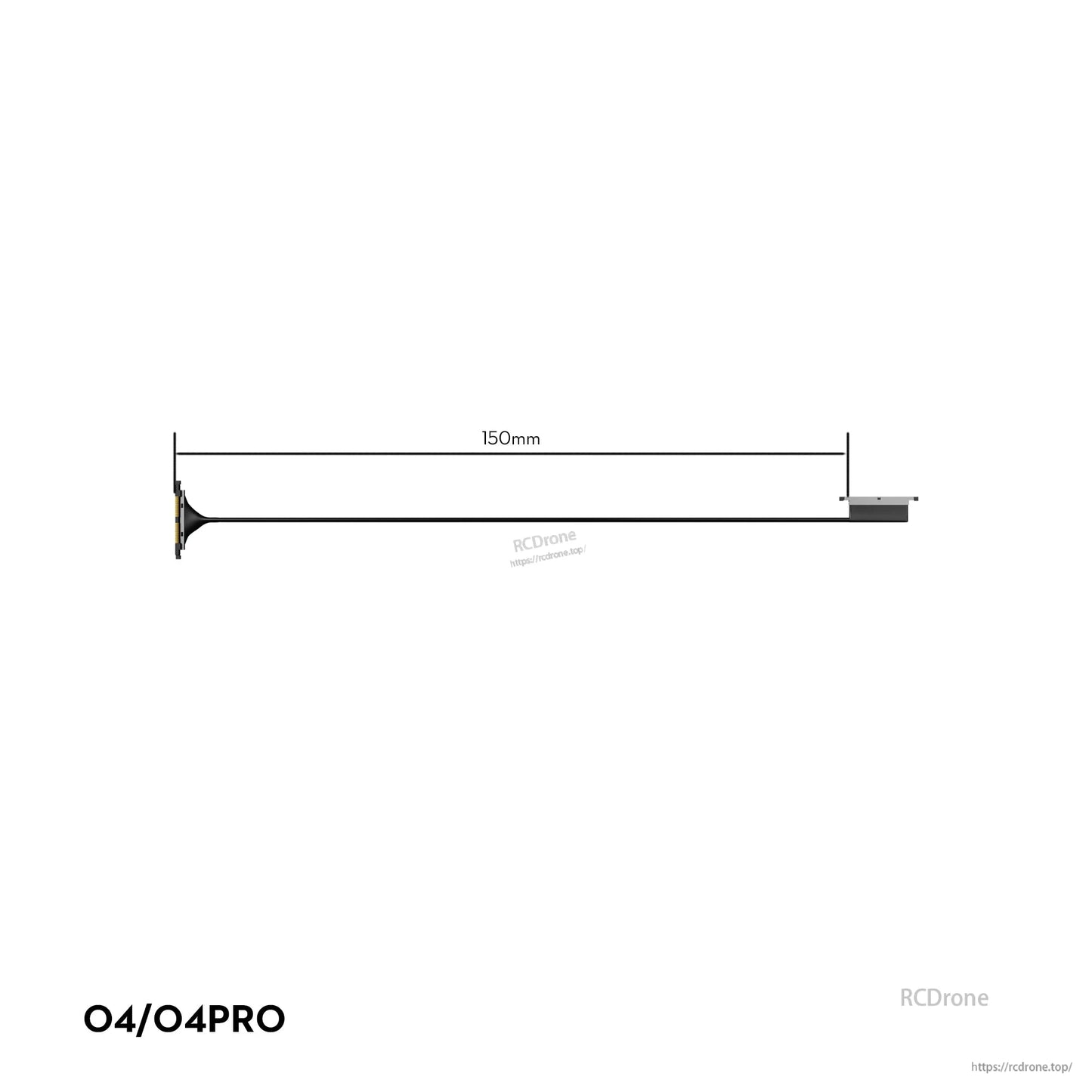 Flywoo O4 Air Unit Cooling CNC Kit, O4/O4PRO FPV antenna with 150mm coax lead and flat mount end, side view with length marked