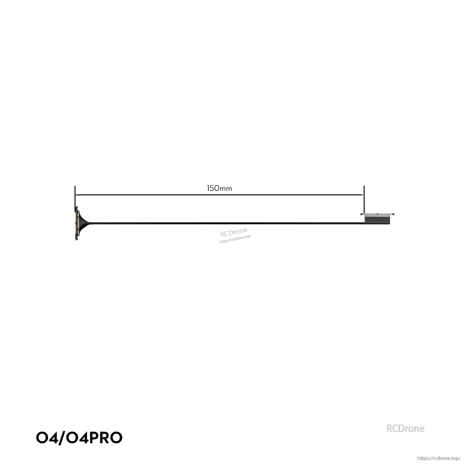 Flywoo O4 Air Unit Cooling CNC Kit, O4/O4PRO FPV antenna with 150mm coax lead and flat mount end, side view with length marked