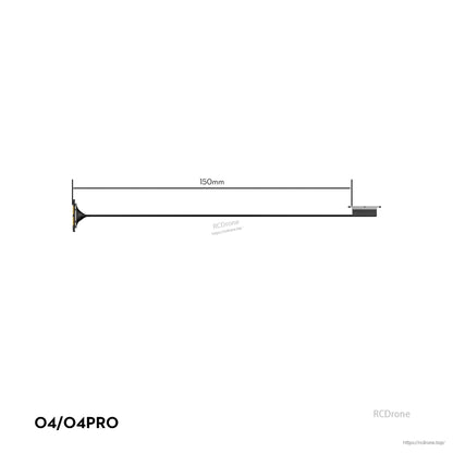 Flywoo O4 Air Unit Cooling CNC Kit, O4/O4PRO FPV antenna with 150mm coax lead and flat mount end, side view with length marked