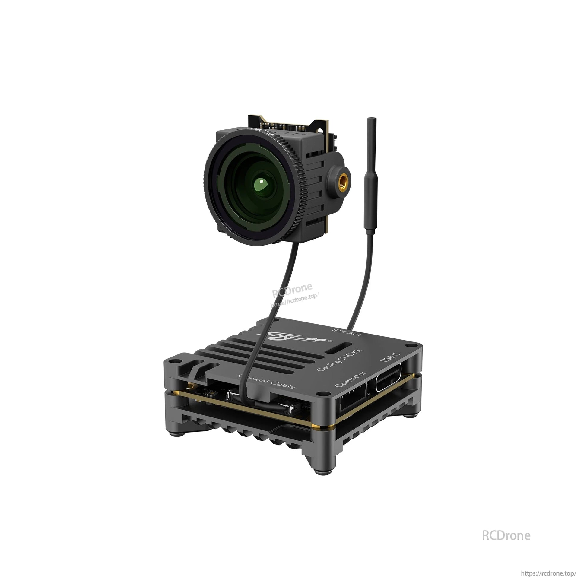 Flywoo O4 Air Unit Cooling CNC Kit, Flywoo O4 air unit CNC cooling kit with finned aluminum case, USB-C port, coax cable, and FPV camera module