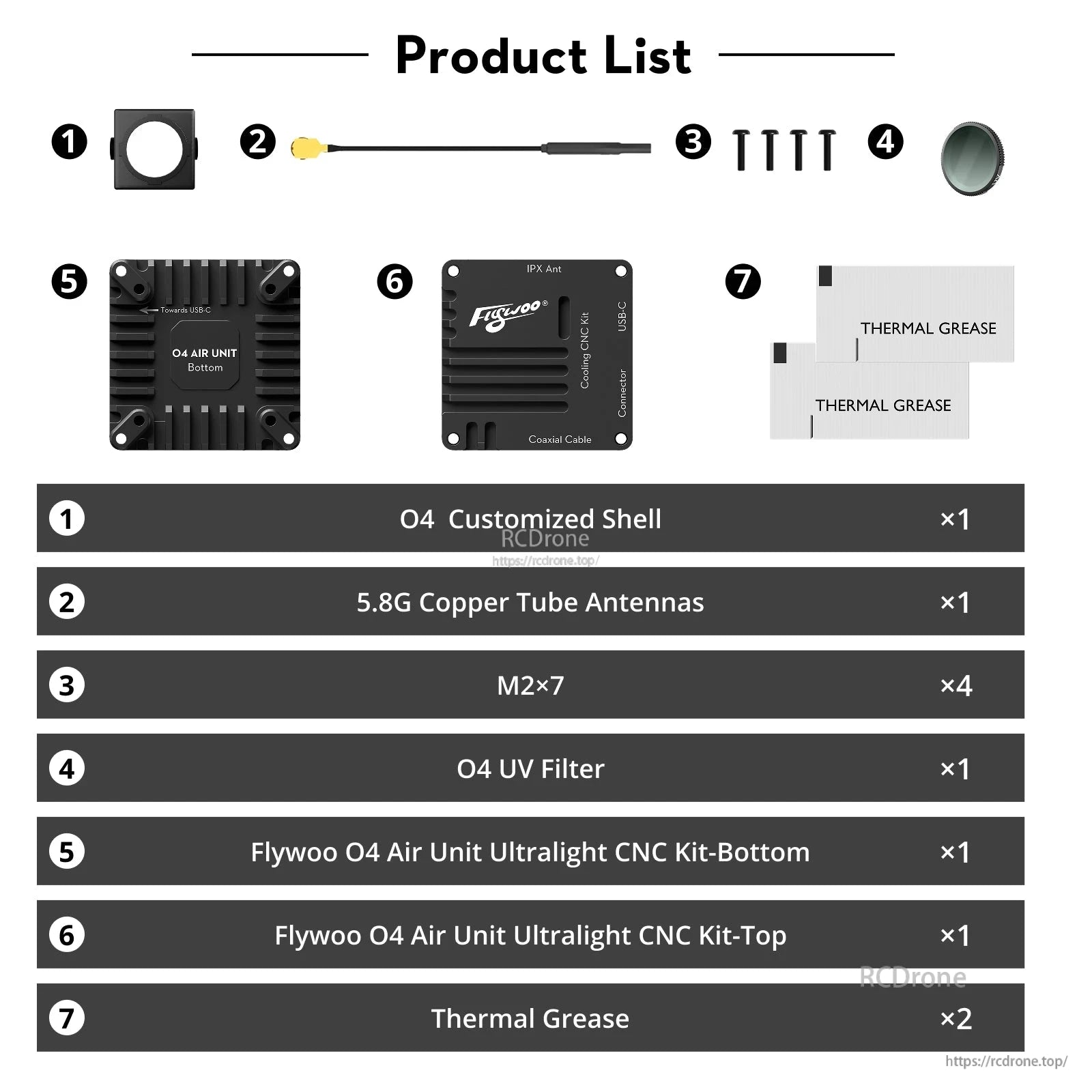 Flywoo O4 Air Unit Cooling CNC kit parts list with top/bottom plates, shell, antenna, screws, UV filter, thermal grease