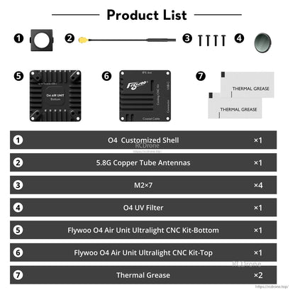 Flywoo O4 Air Unit Cooling CNC kit parts list with top/bottom plates, shell, antenna, screws, UV filter, thermal grease
