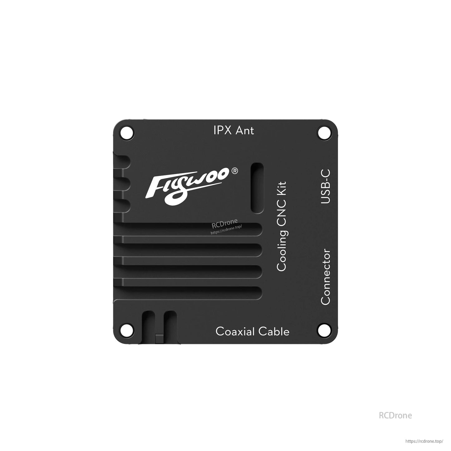 Flywoo O4 Air Unit cooling CNC kit plate with heatsink fins and labeled cutouts for IPX antenna, USB-C and cable