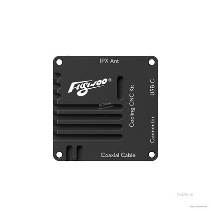 Flywoo O4 Air Unit cooling CNC kit plate with heatsink fins and labeled cutouts for IPX antenna, USB-C and cable