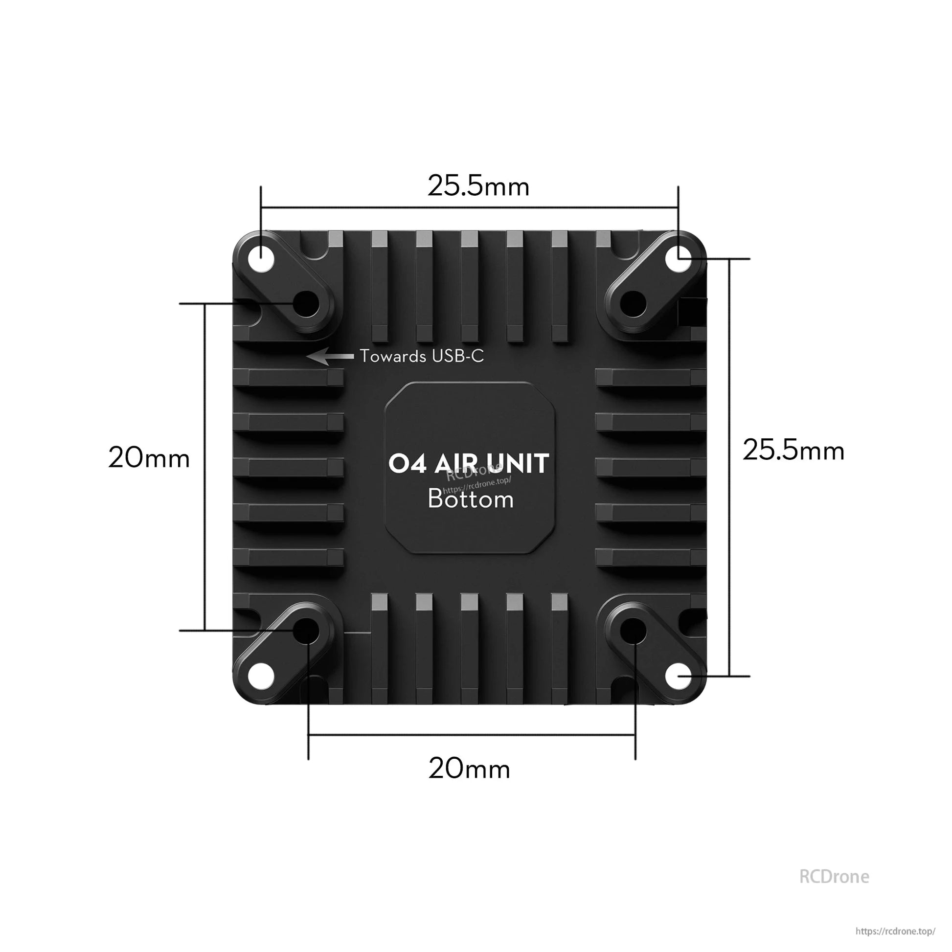 Flywoo O4 Air Unit Cooling CNC Kit, Flywoo O4 Air Unit cooling CNC plate with finned heatsink design, 20mm mounting holes, USB-C direction mark