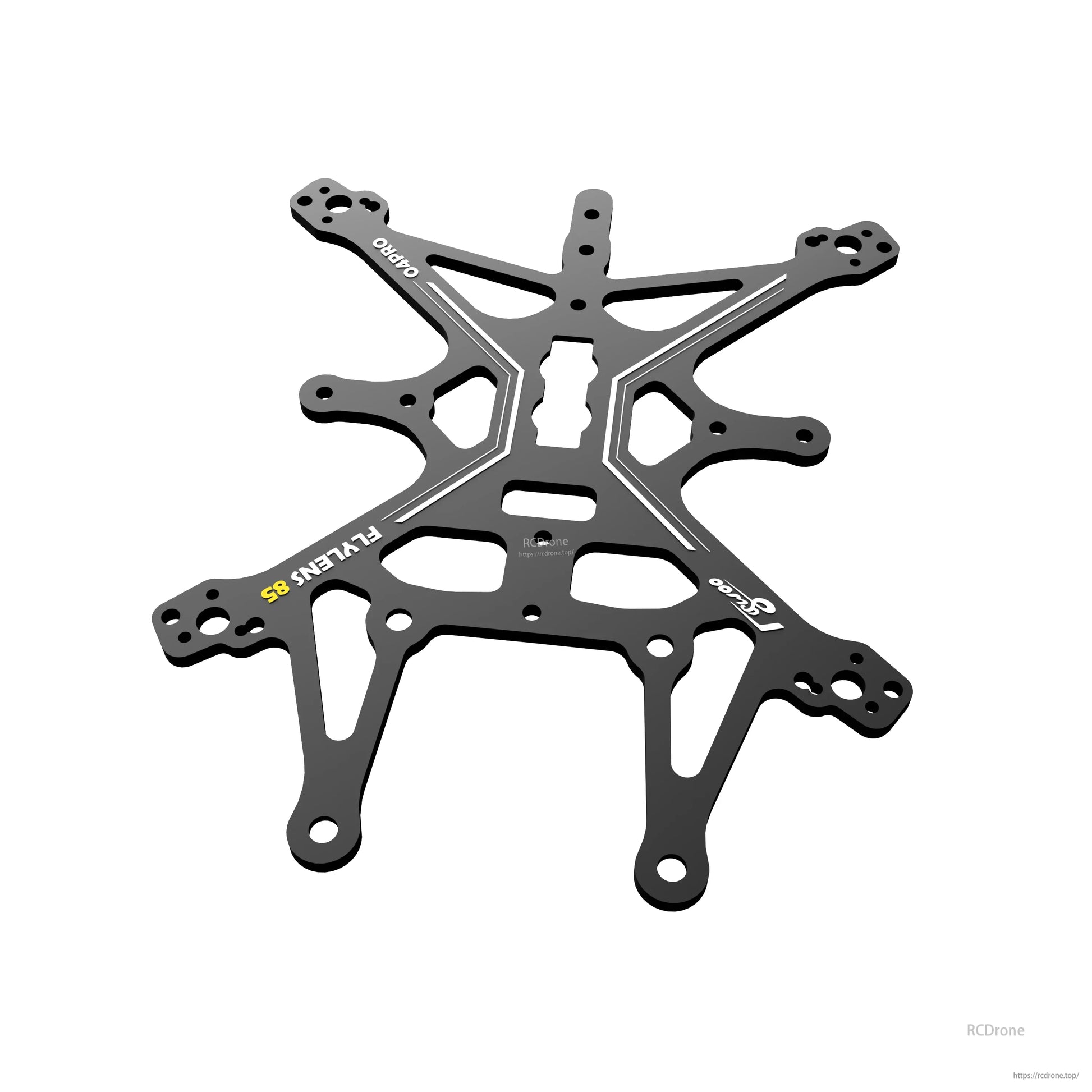 Black CNC aluminum Flywoo FlyLens 85 frame plate with multiple mounting holes and cutout slots