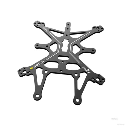 Black CNC aluminum Flywoo FlyLens 85 frame plate with multiple mounting holes and cutout slots