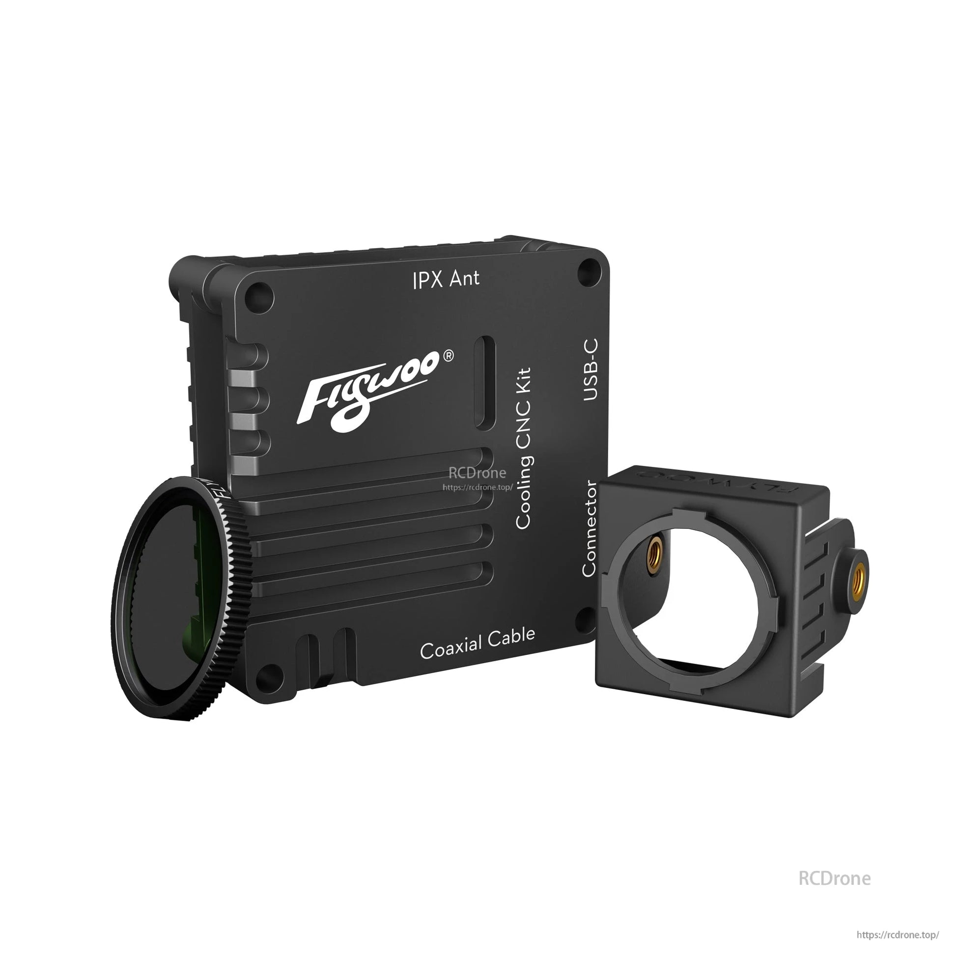 Flywoo O4 Air Unit Cooling CNC kit with black finned plate, USB-C and IPX antenna labels, plus camera mount