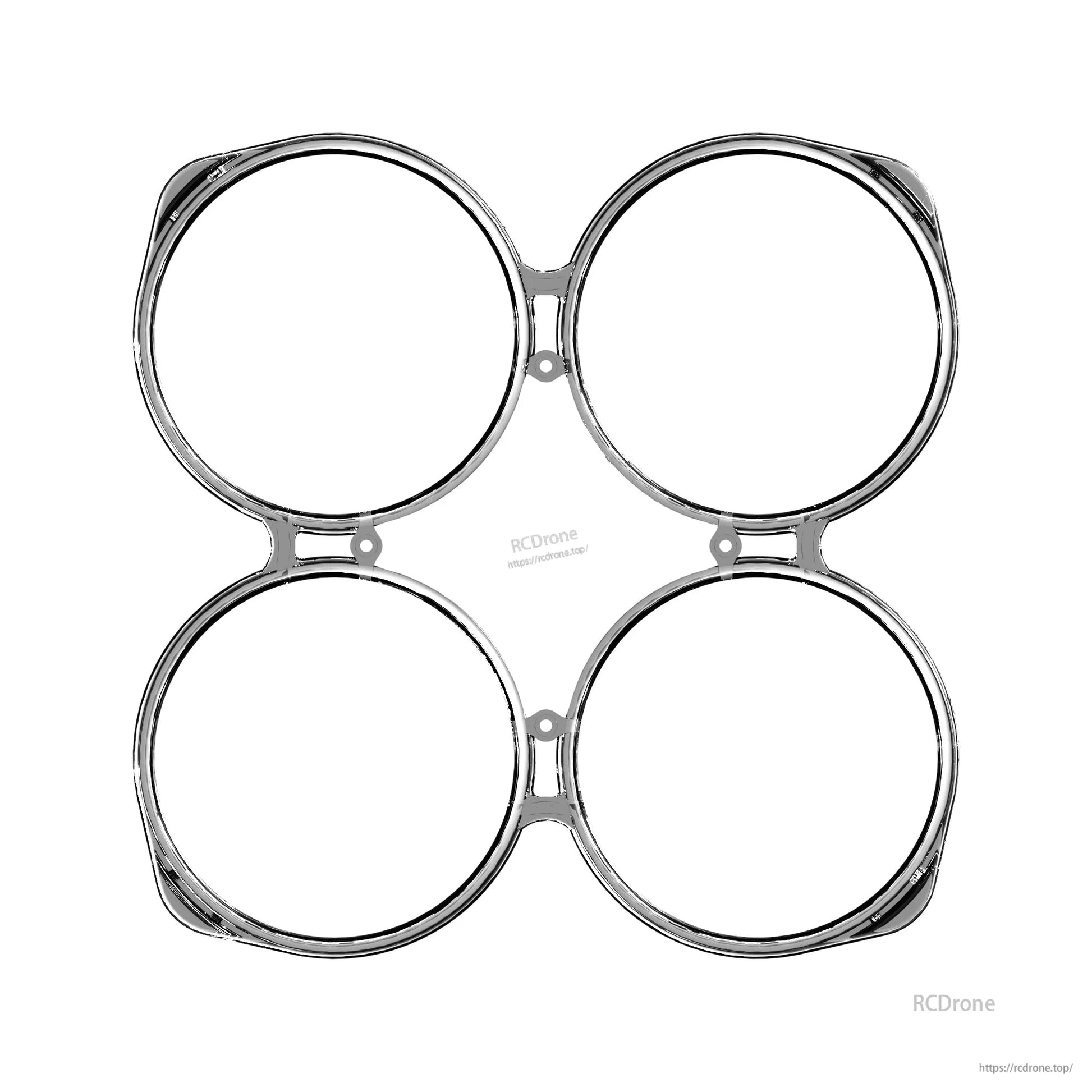 Silver CNC aluminum quad duct/prop guard plate with four circular rings and mounting tabs for Flywoo FlyLens frames
