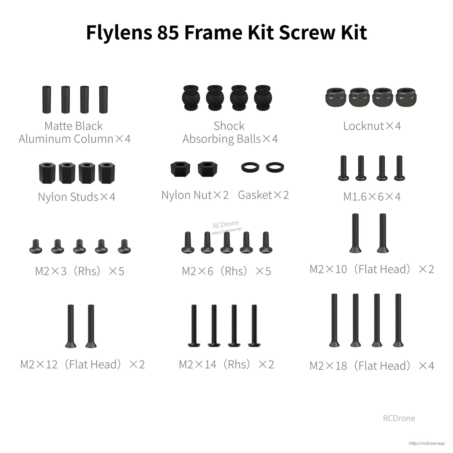 Flylens 85 frame kit screw set with aluminum standoffs, locknuts, shock balls, and assorted M1.6/M2 screws