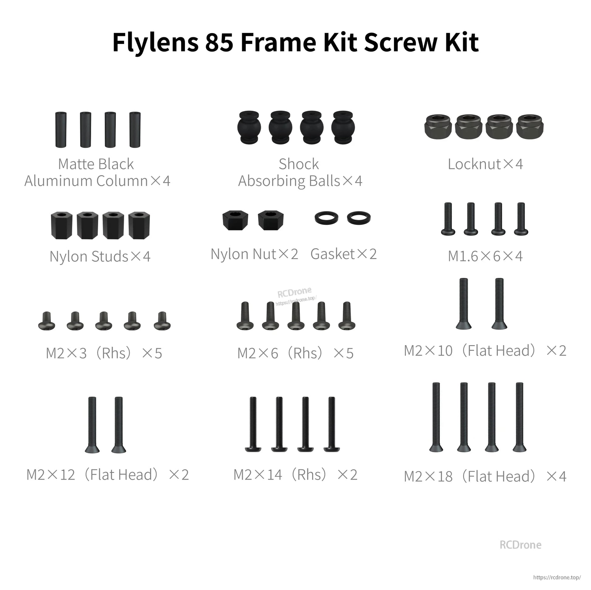Flylens 85 frame kit screw set with aluminum standoffs, locknuts, shock balls, and assorted M1.6/M2 screws