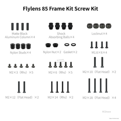 Flylens 85 frame kit screw set with aluminum standoffs, locknuts, shock balls, and assorted M1.6/M2 screws