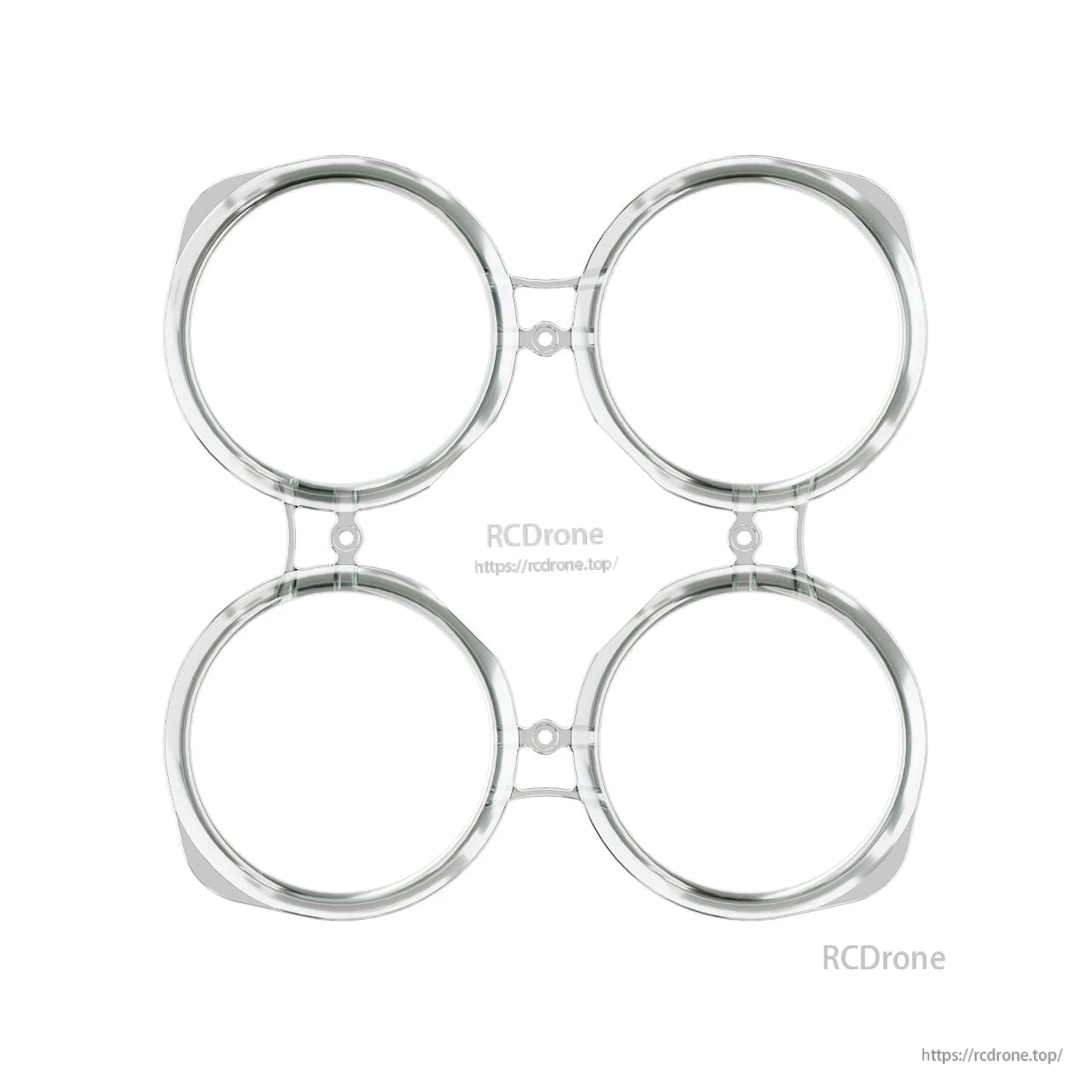 Transparent quad duct prop guard frame piece with four circular rings and center mounting holes for micro FPV drone