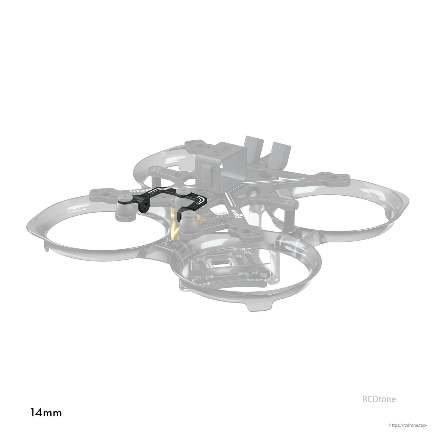 Flywoo O4 Air Unit CNC cooling kit bracket mounted on FlyLens 75/85 whoop frame, 14mm measurement shown