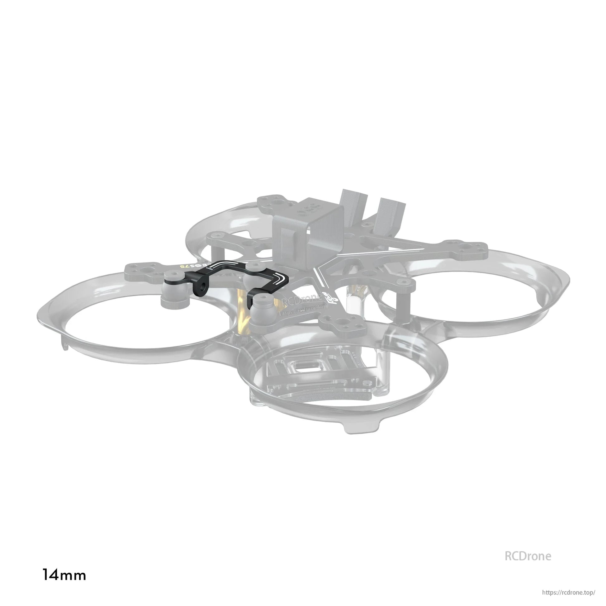 Flywoo O4 Air Unit CNC cooling kit bracket mounted on FlyLens 75/85 whoop frame, 14mm measurement shown
