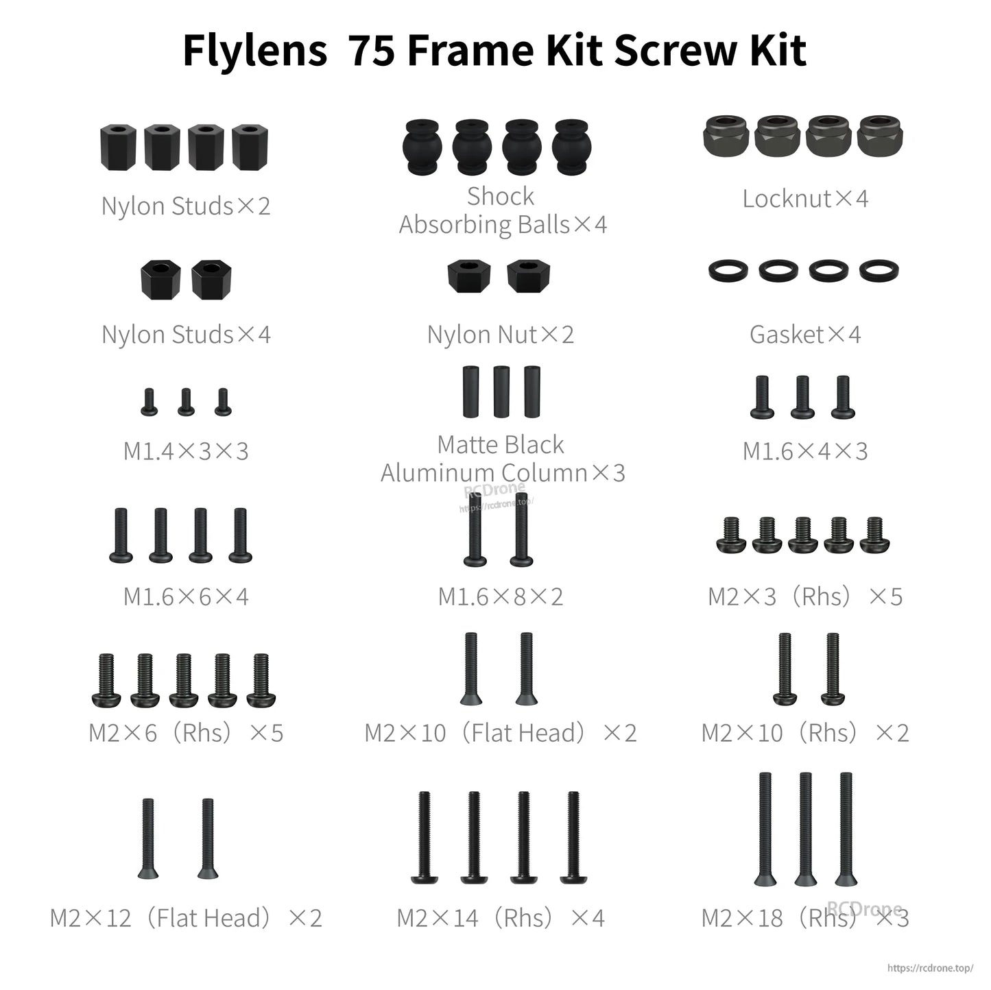 Flylens 75 frame screw kit assortment with nylon studs, shock balls, locknuts, gaskets, and M1.4/M1.6/M2 screws
