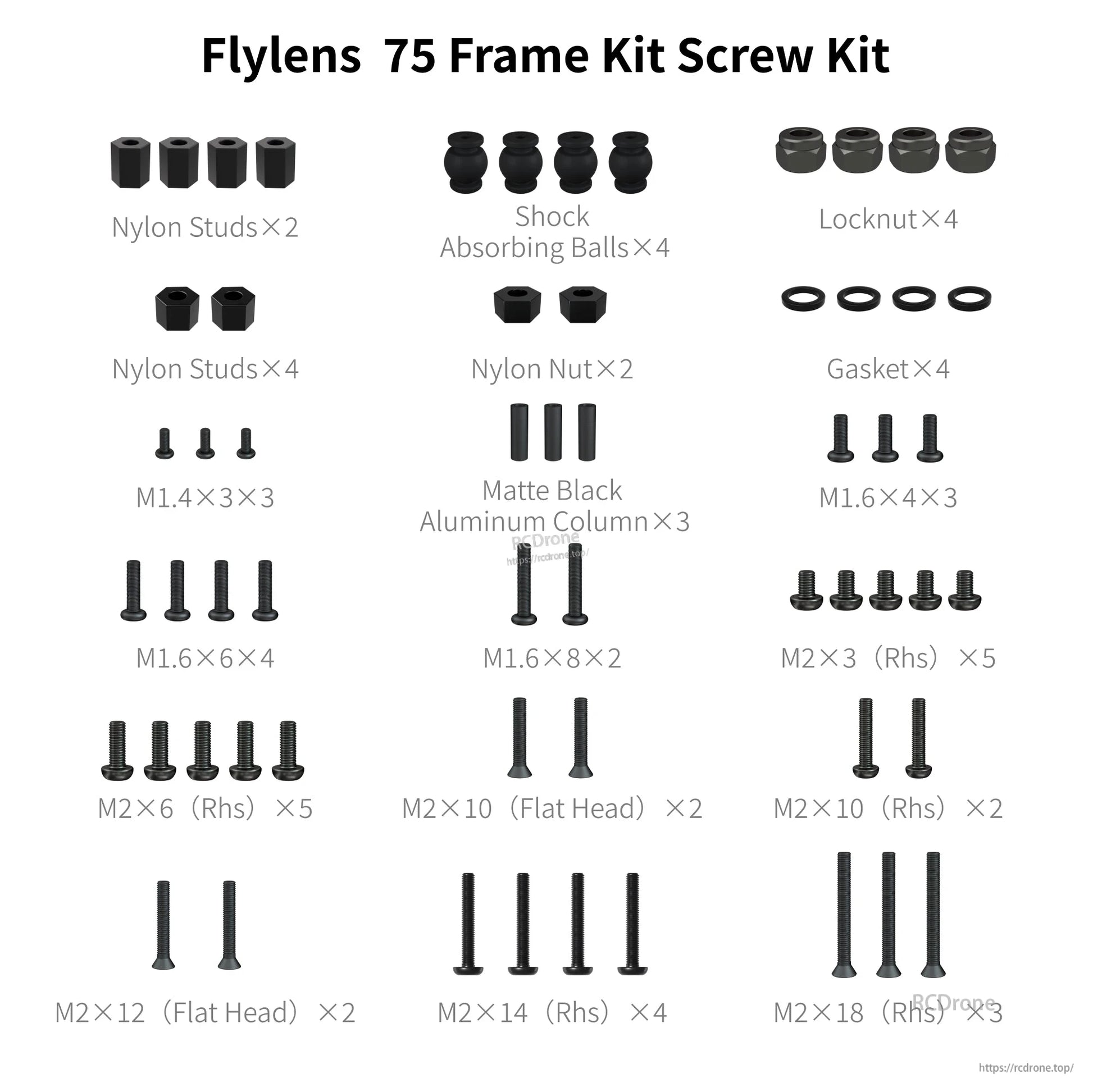 Flylens 75 frame screw kit assortment with nylon studs, shock balls, locknuts, gaskets, and M1.4/M1.6/M2 screws