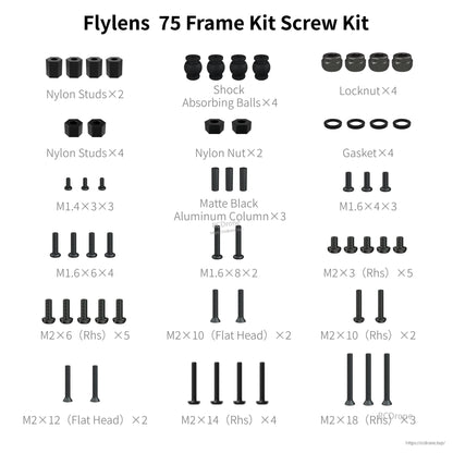 Flylens 75 frame screw kit assortment with nylon studs, shock balls, locknuts, gaskets, and M1.4/M1.6/M2 screws