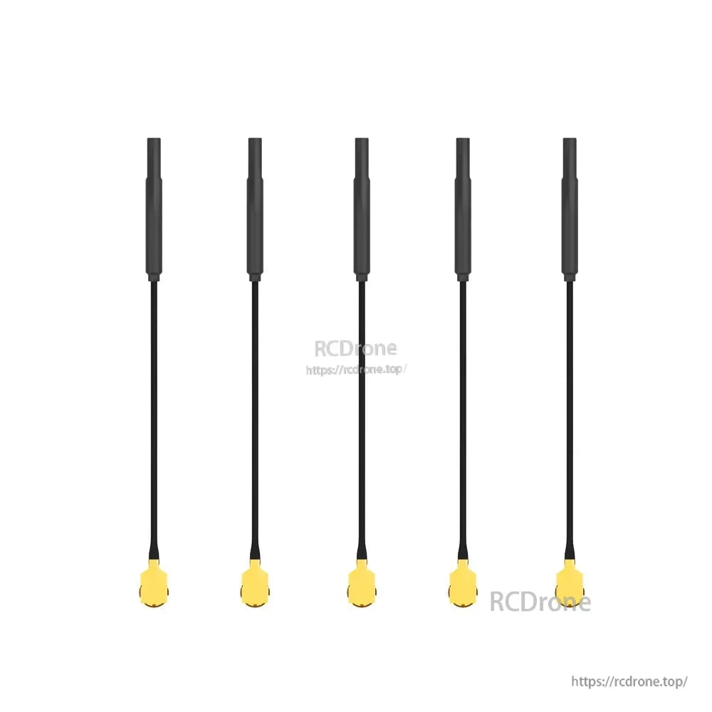 Set of five black FPV antenna pigtails with yellow U.FL connectors and slim coax leads