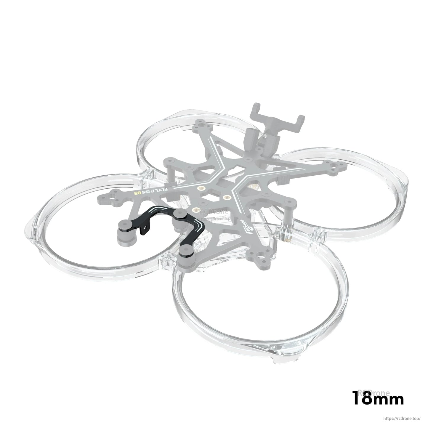 Flywoo FlyLens whoop frame with clear prop guards and black CNC mounting bracket, 18mm spacing