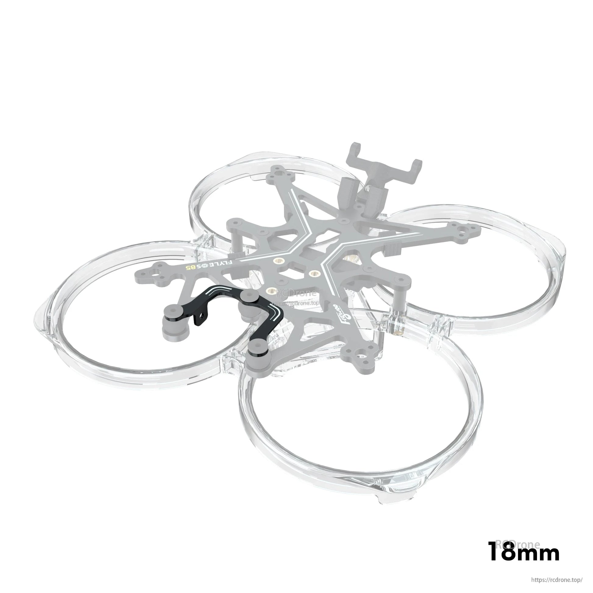 Flywoo FlyLens whoop frame with clear prop guards and black CNC mounting bracket, 18mm spacing