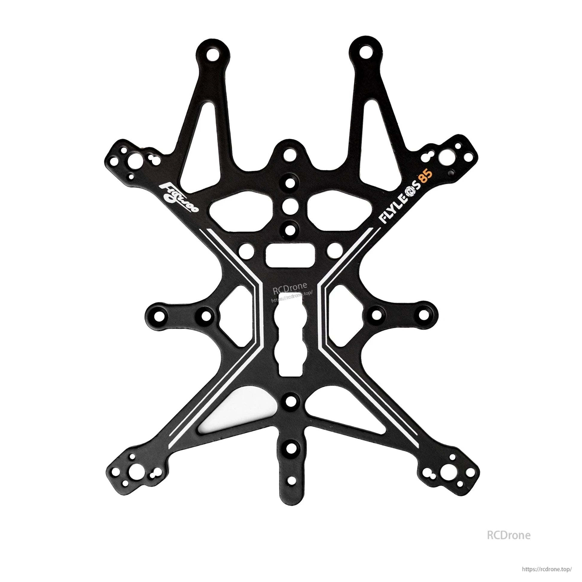 Flywoo FlyLens 85 black carbon fiber drone frame plate with multiple mounting holes and cutouts