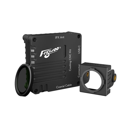 Flywoo O4 Air Unit cooling CNC kit with black metal case labeled USB-C and IPX antenna, plus camera mount bracket