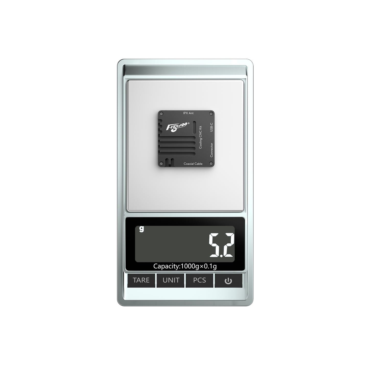 Flywoo O4 Air Unit Cooling CNC Kit module on a digital scale reading 5.2g, with Flywoo logo and USB-C label