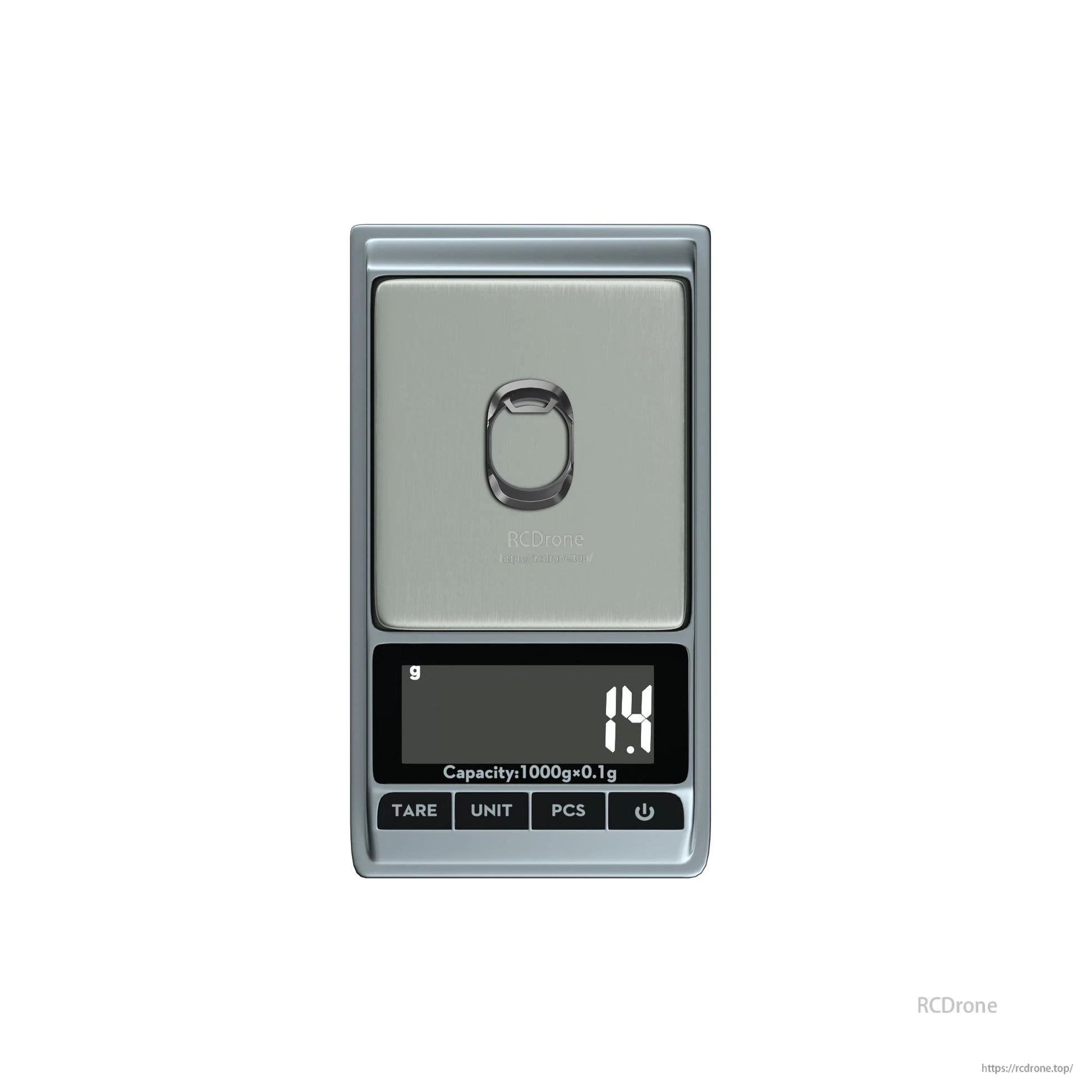 Compact digital pocket scale with stainless platform, LCD display, and TARE/UNIT/PCS buttons (1000g x 0.1g).