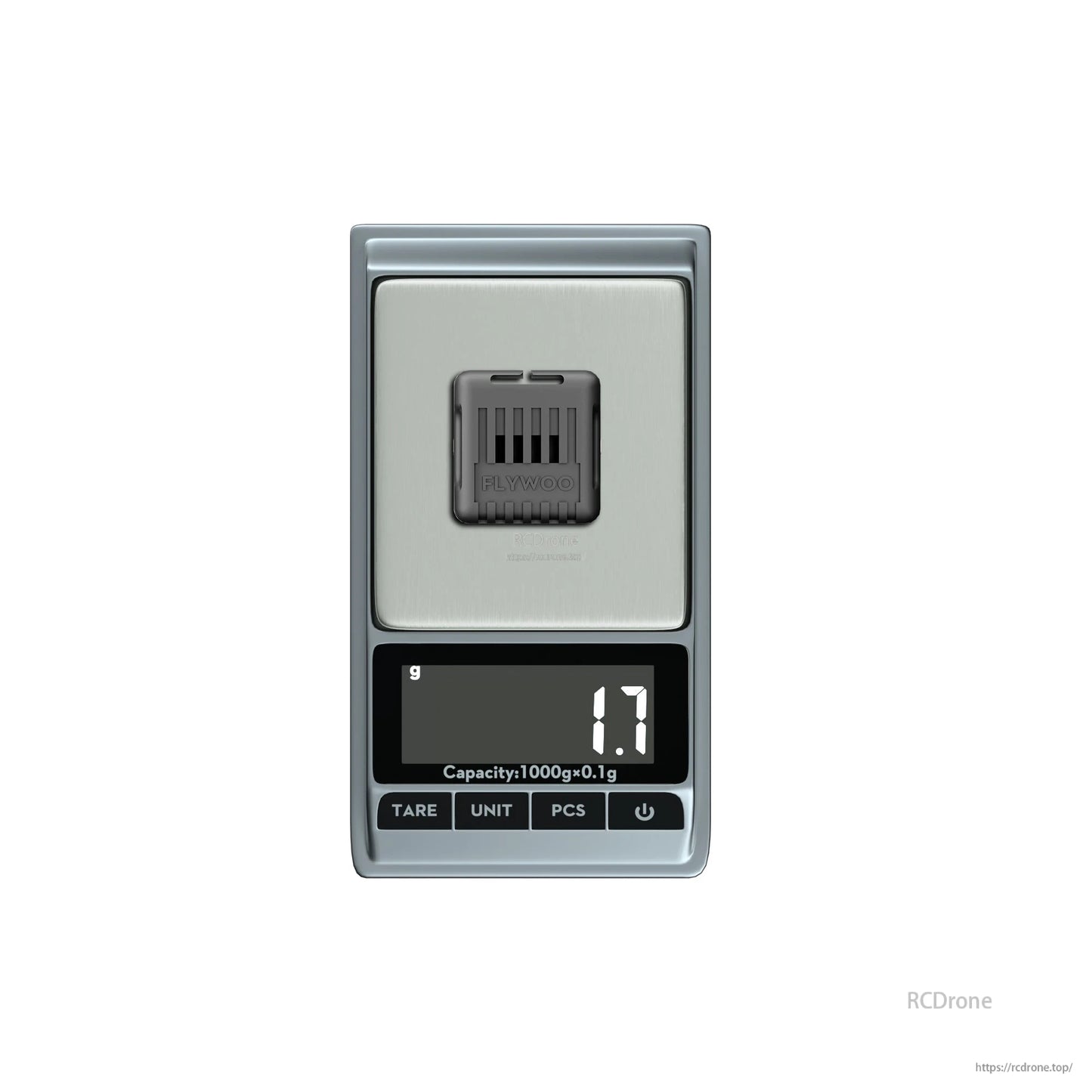 Flywoo O4 Wide Lens, Small Flywoo drone component placed on a digital pocket scale reading 1.7 g