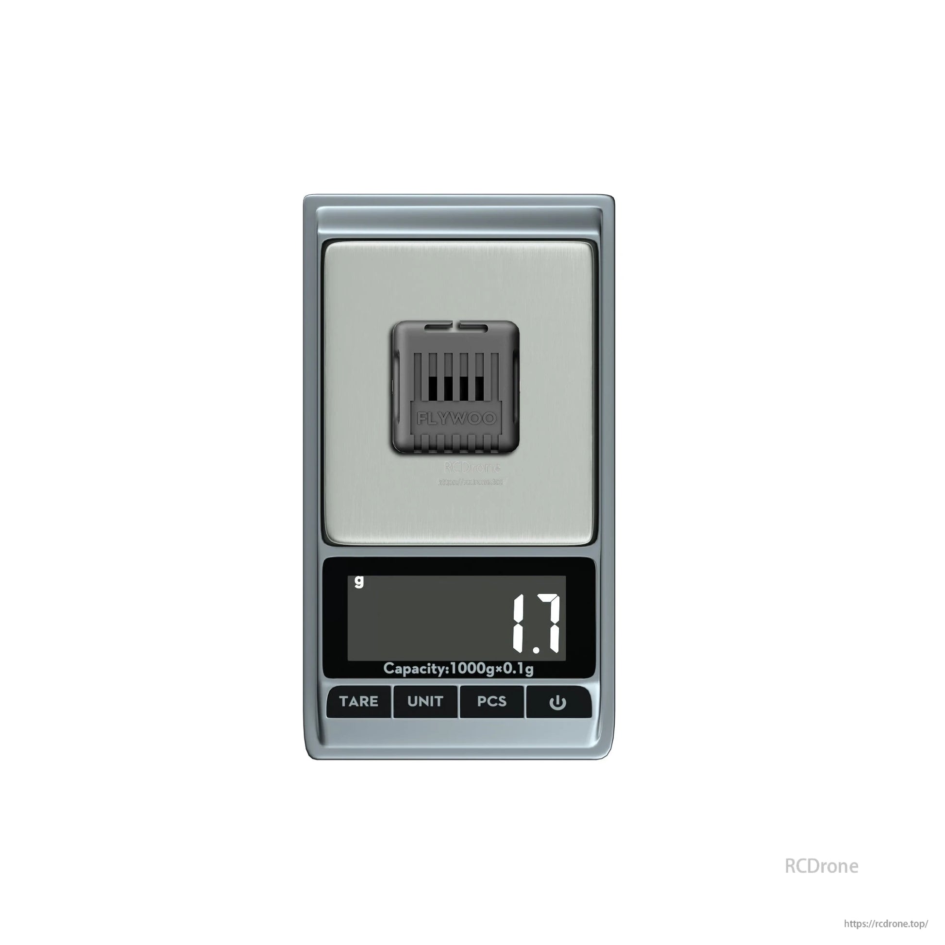Flywoo O4 Wide Lens, Small Flywoo drone component placed on a digital pocket scale reading 1.7 g