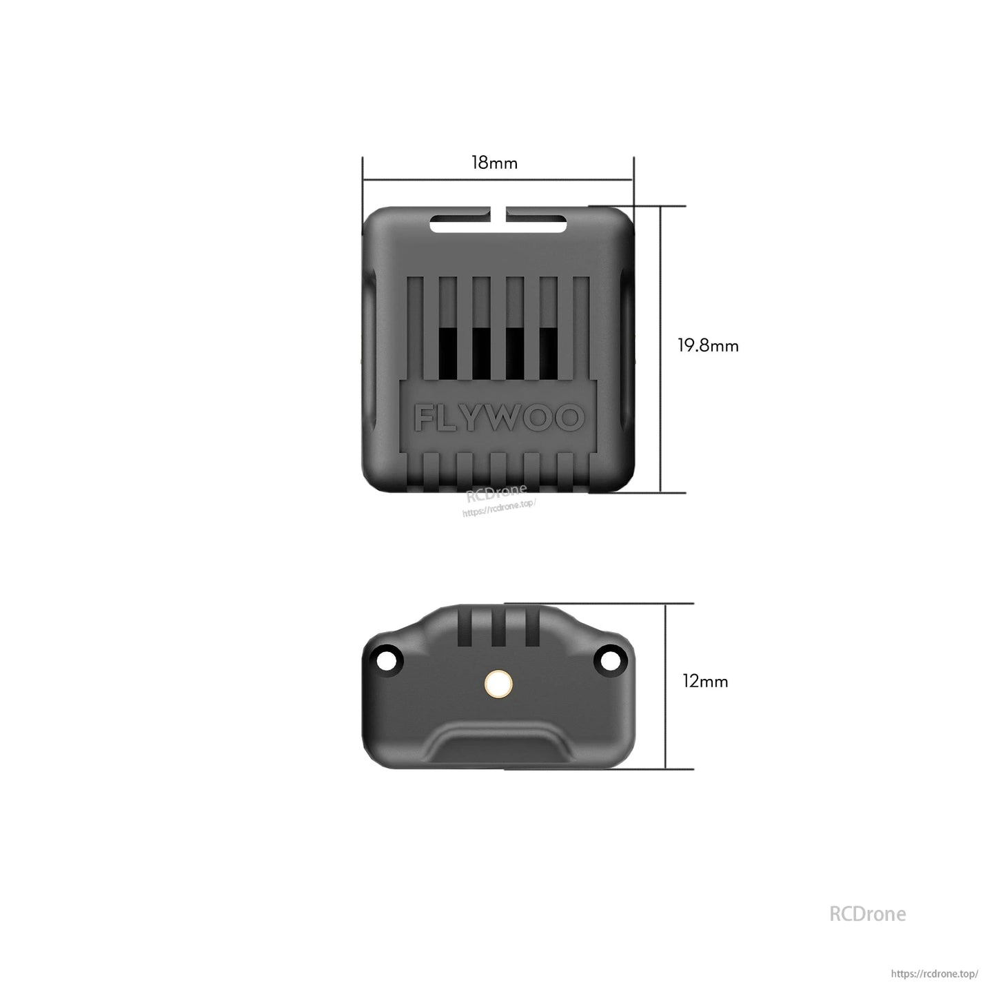 Flywoo O4 wide lens module with Flywoo-branded housing, 18 x 19.8 mm body and 12 mm height, with mounting holes