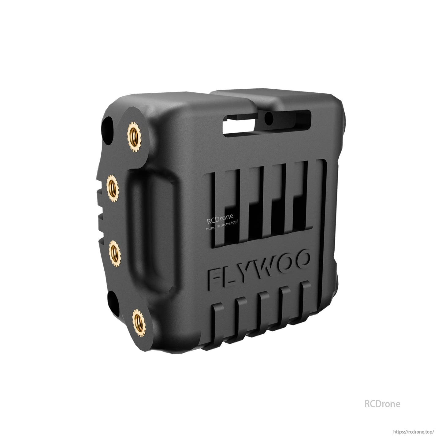 Flywoo O4 wide lens protective camera housing in black with brass threaded inserts and vented sides