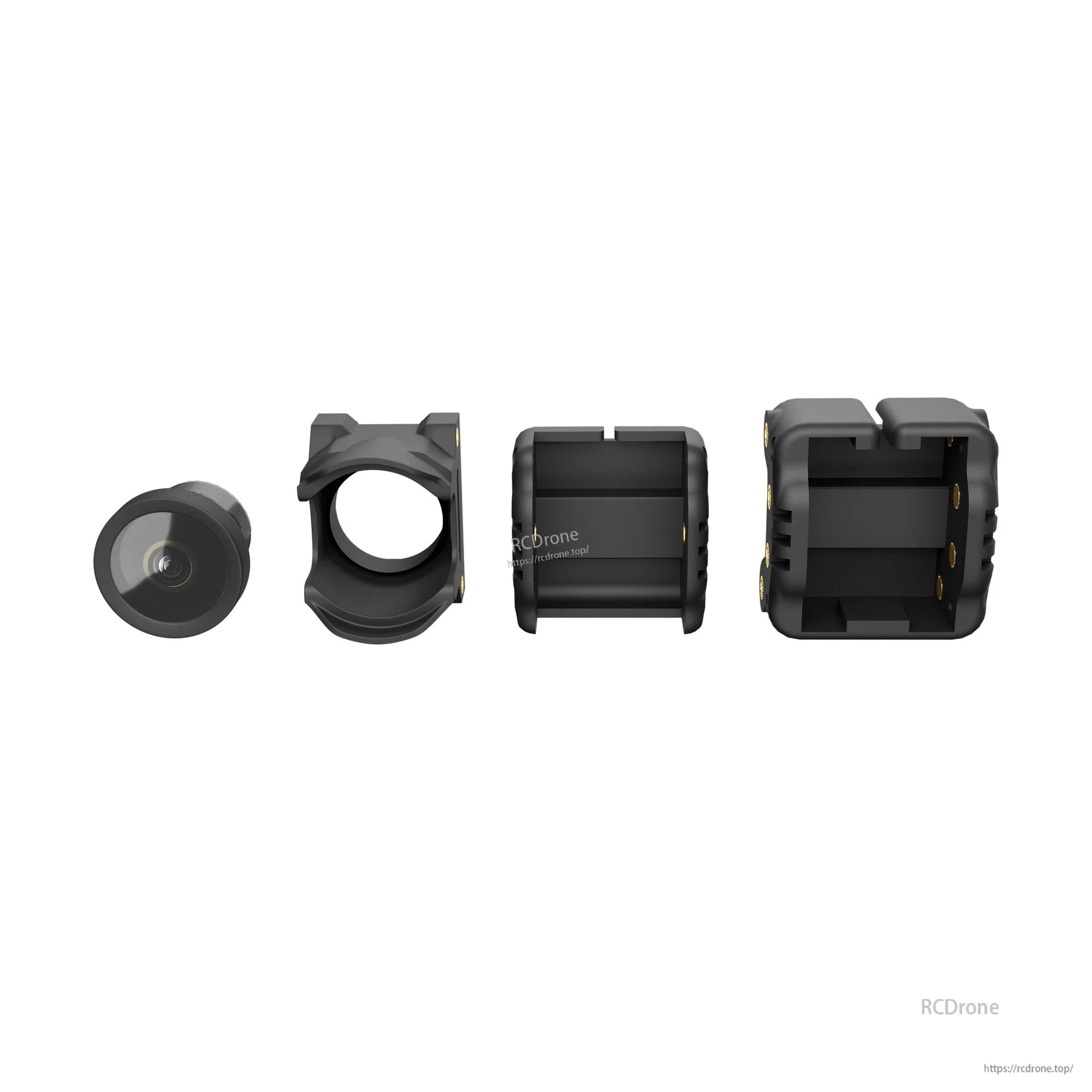 Flywoo O4 Wide Lens, Flywoo O4 wide camera lens with black protective mount housing, shown from front and side views