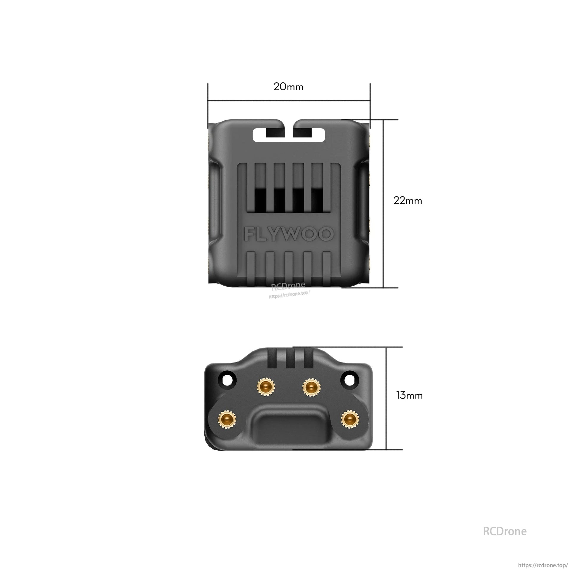 Flywoo O4 wide lens housing with mounting holes and brass inserts, dimensioned 20mm x 22mm with 13mm base