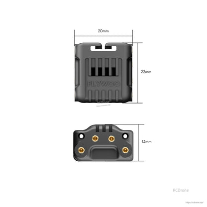 Flywoo O4 wide lens housing with mounting holes and brass inserts, dimensioned 20mm x 22mm with 13mm base