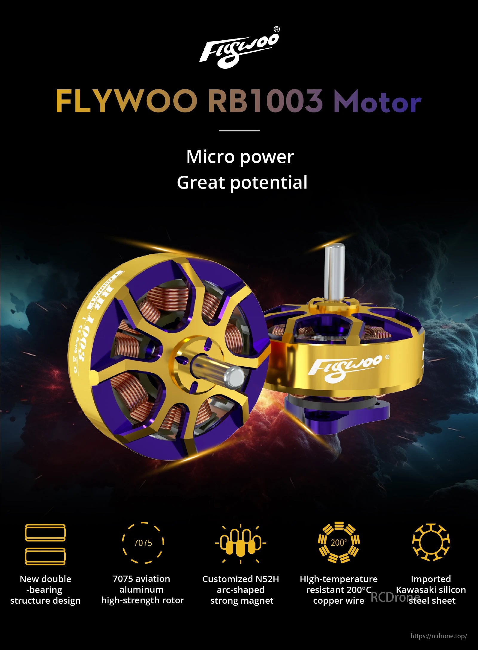 Flywoo ROBO 1003 14800KV 1–2S Brushless FPV Motor, Flywoo RB1003 Motor: Micro power with great potential, featuring double-bearing design, 7075 aluminum rotor, N52H magnets, 200°C copper wire, and Kawasaki steel sheet.