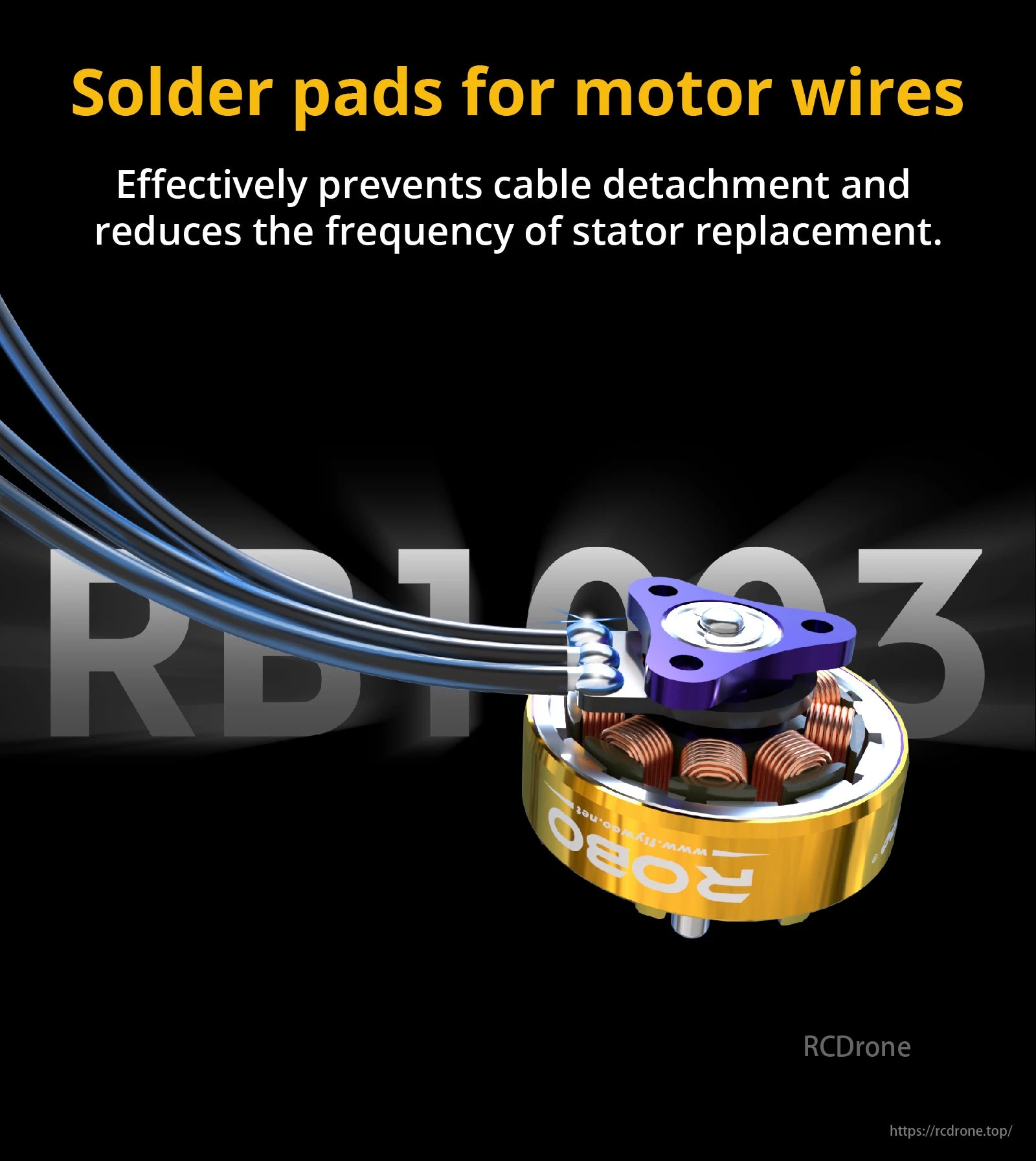 Flywoo ROBO 1003 14800KV 1–2S Brushless FPV Motor, Flywoo ROBO 1003 motor's solder pads prevent cable detachment, reducing stator replacements and maintenance.