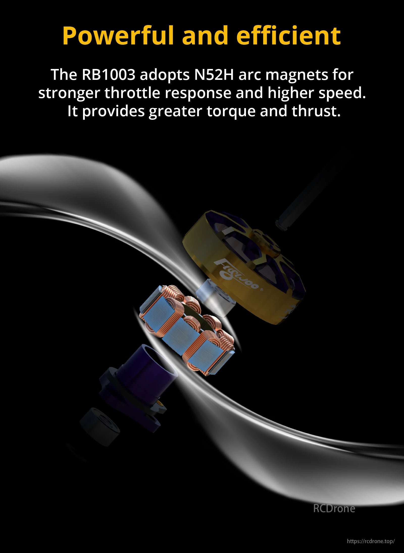 Flywoo ROBO 1003 14800KV 1–2S Brushless FPV Motor. RB1003 uses N52H arc magnets for stronger response. higher speed. torque. and thrust.