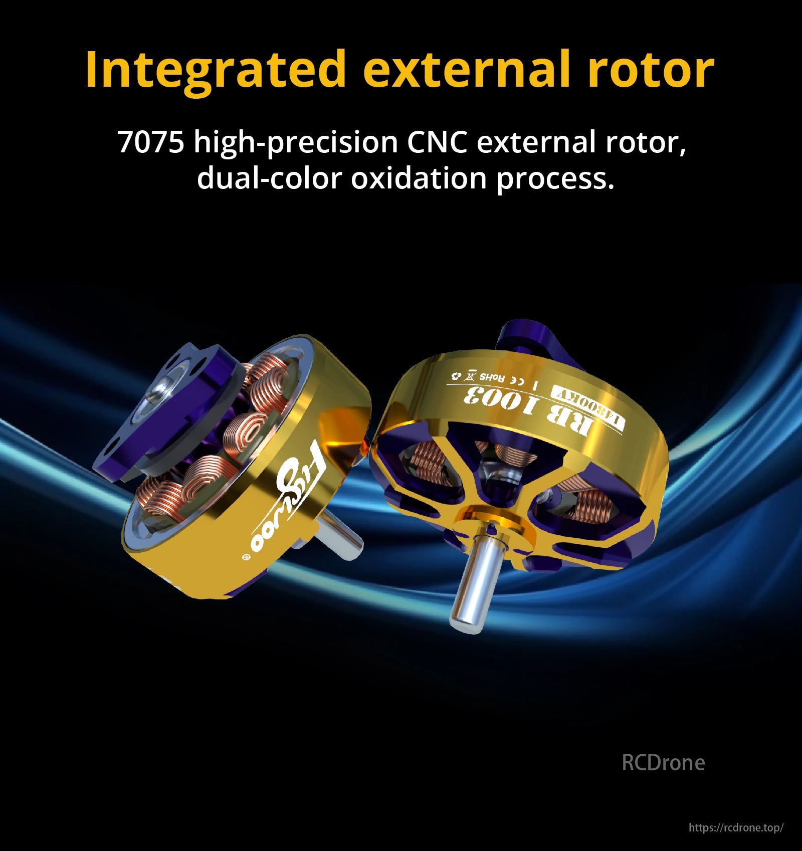Flywoo ROBO 1003 14800KV 1–2S Brushless FPV Motor, Flywoo ROBO 1003 motor features integrated external rotor, 7075 CNC precision, and dual-color oxidation process for enhanced performance and durability.