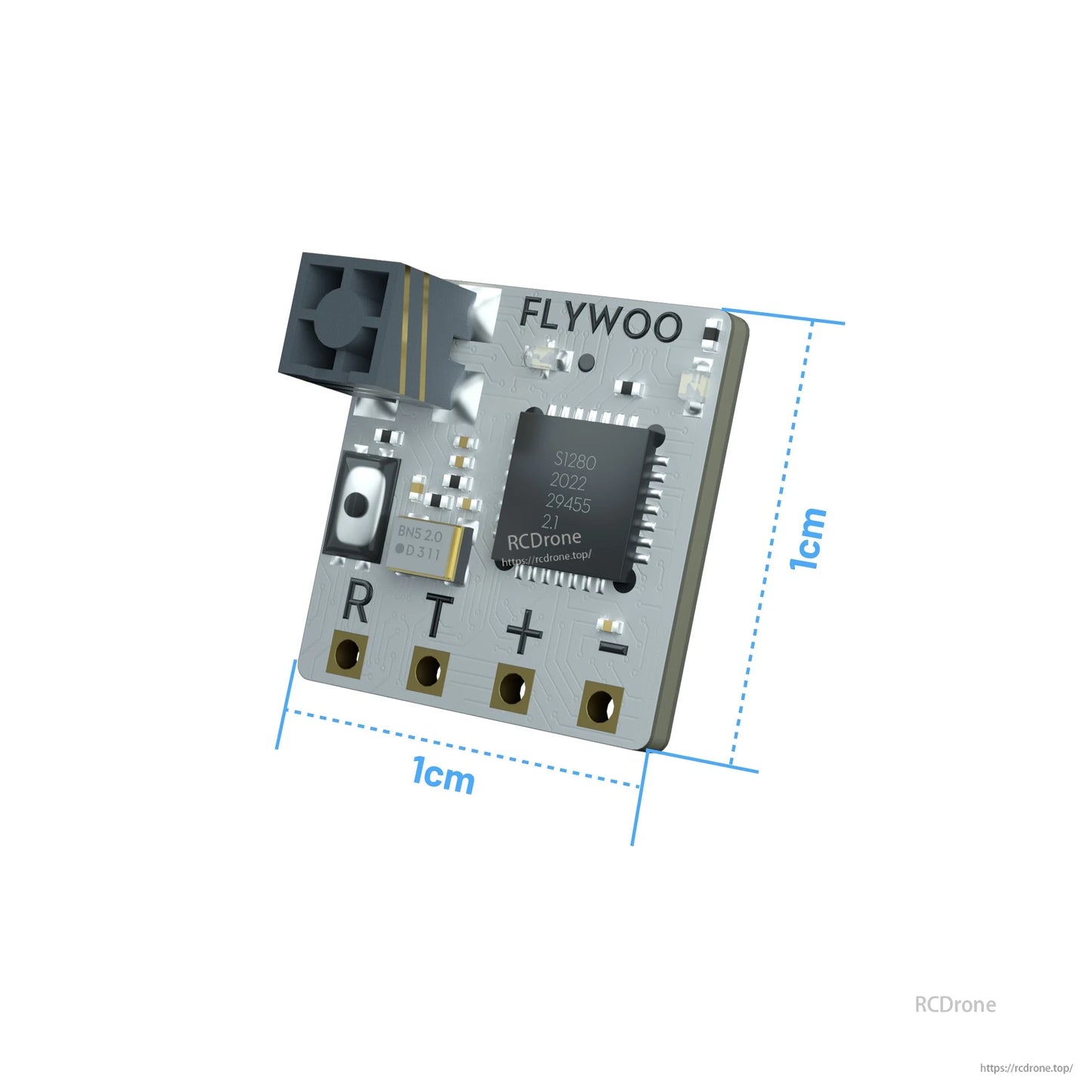 Flywoo TCXO 2.4G ELRS Receiver, Flywoo 2.4GHz ELRS receiver, 1 cm x 1 cm board with R/T/+/- solder pads and a coaxial antenna connector