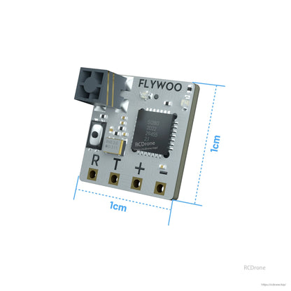 Flywoo TCXO 2.4G ELRS Receiver, Flywoo 2.4GHz ELRS receiver, 1 cm x 1 cm board with R/T/+/- solder pads and a coaxial antenna connector