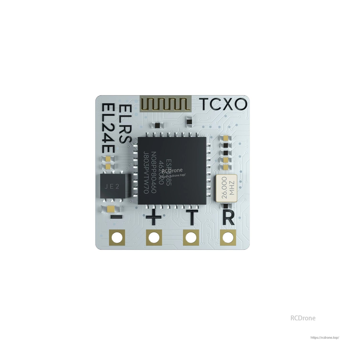 Flywoo TCXO 2.4G ELRS Receiver, Flywoo ELRS EL24E TCXO 2.4GHz receiver board with ESP8285 chip, 26MHz crystal, and + - T R solder pads