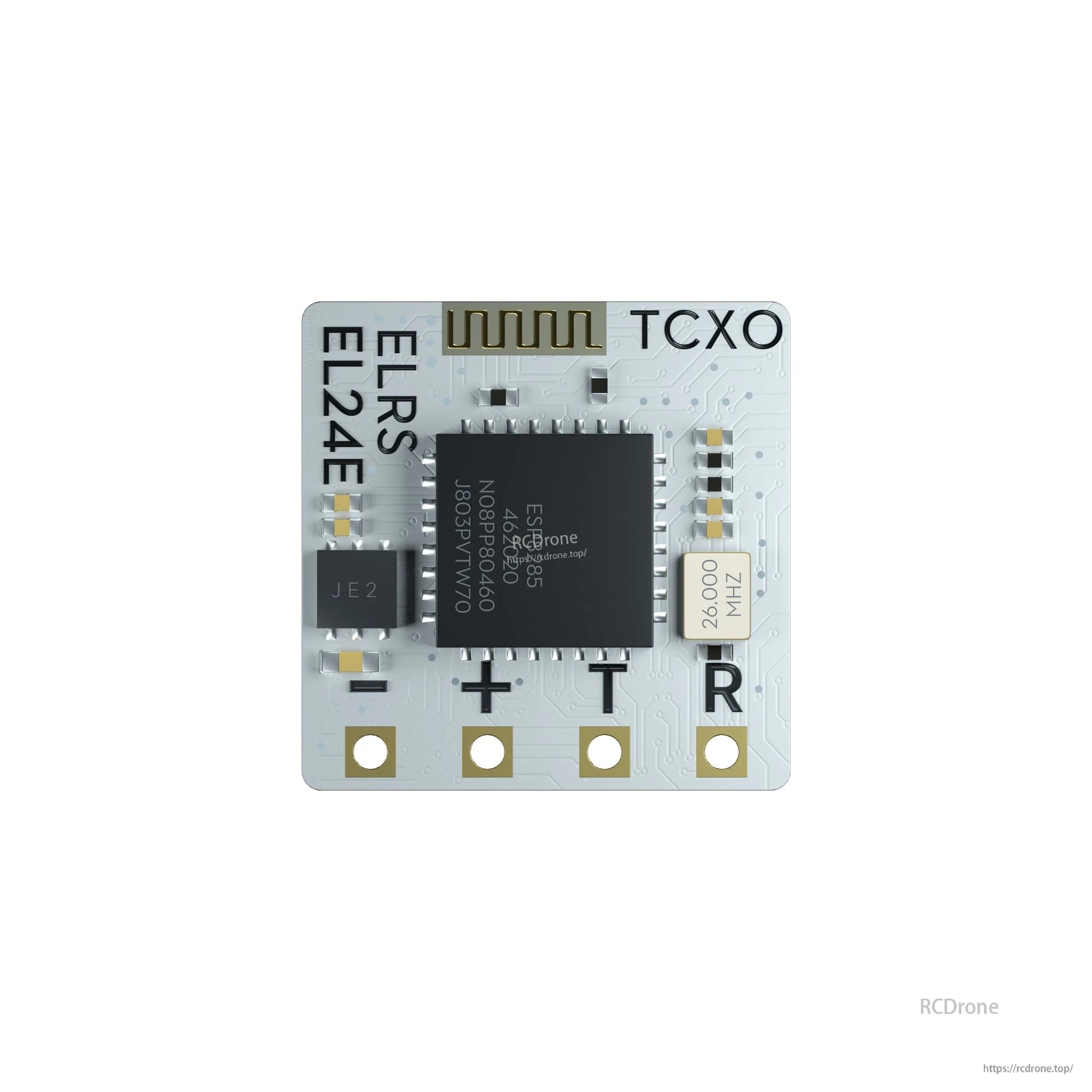 Flywoo TCXO 2.4G ELRS Receiver, Flywoo ELRS EL24E TCXO 2.4GHz receiver board with ESP8285 chip, 26MHz crystal, and + - T R solder pads