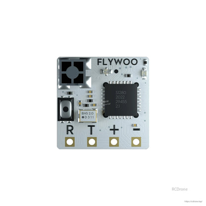 Flywoo TCXO 2.4G ELRS Receiver, Flywoo 2.4GHz ELRS receiver board with R, T, +, – solder pads and compact square PCB featuring marked components.